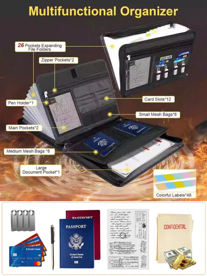 Waterproof Fireproof Large Capacity Accordion File Folder Foldable Portable with Labels Office Document Organizer