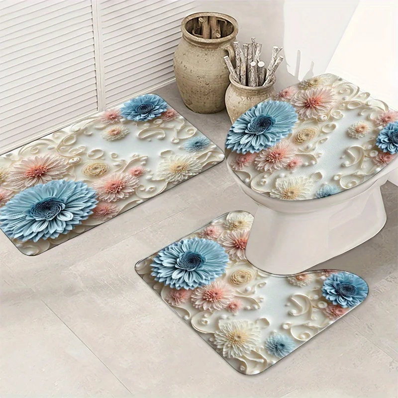

3 шт. Синий, розовый и белый цветочный декор для ванной комнаты, полиэфирная ткань, можно стирать в машине, U-образный коврик, коврик для ванной комнаты, сиденье для унитаза