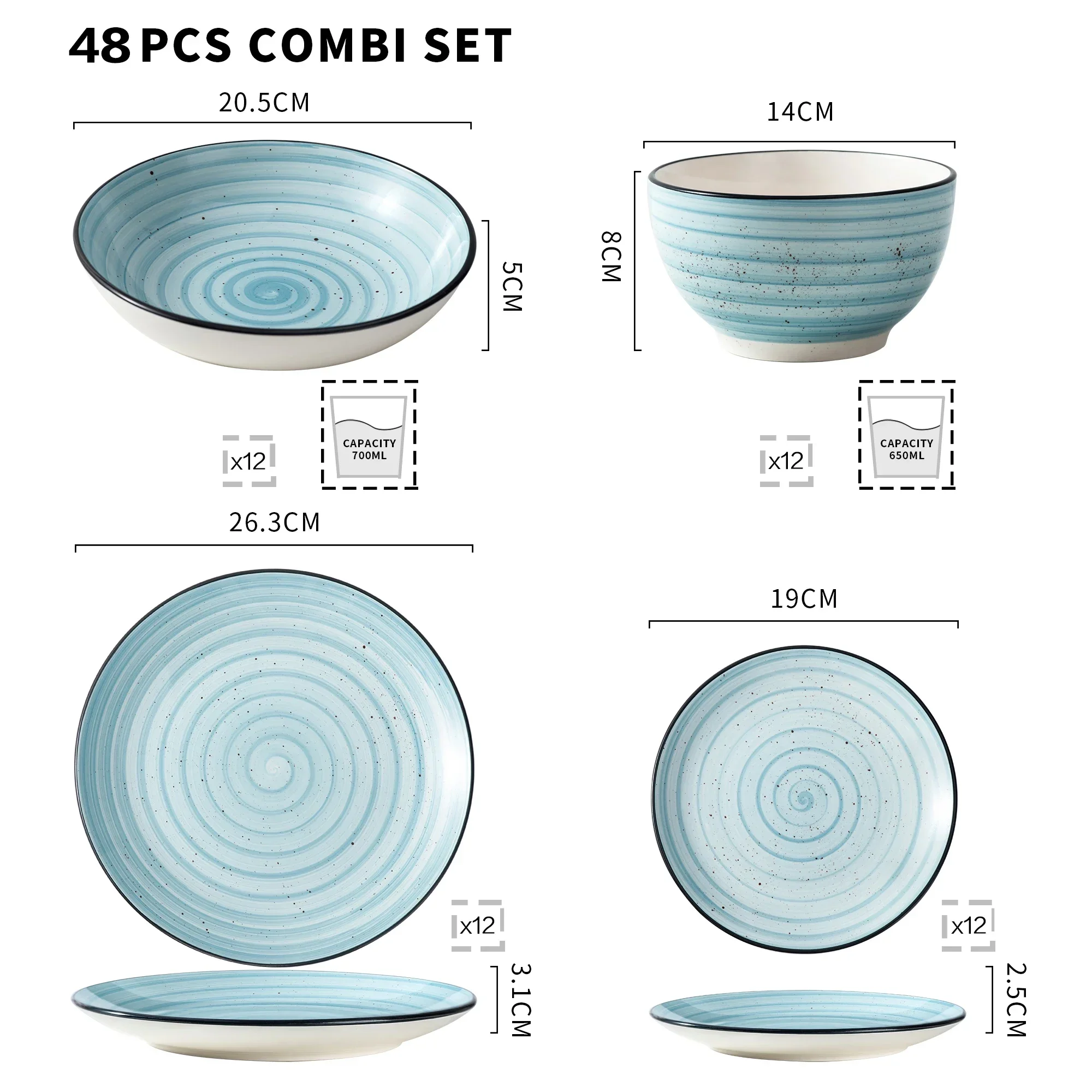 VANCASSO BONBON Blue 24/48-Piece Handpainted Spirals  Stoneware Dinner Combi-Set with Bowl,Dessert Plate,Soup Plate,Dinner Plate