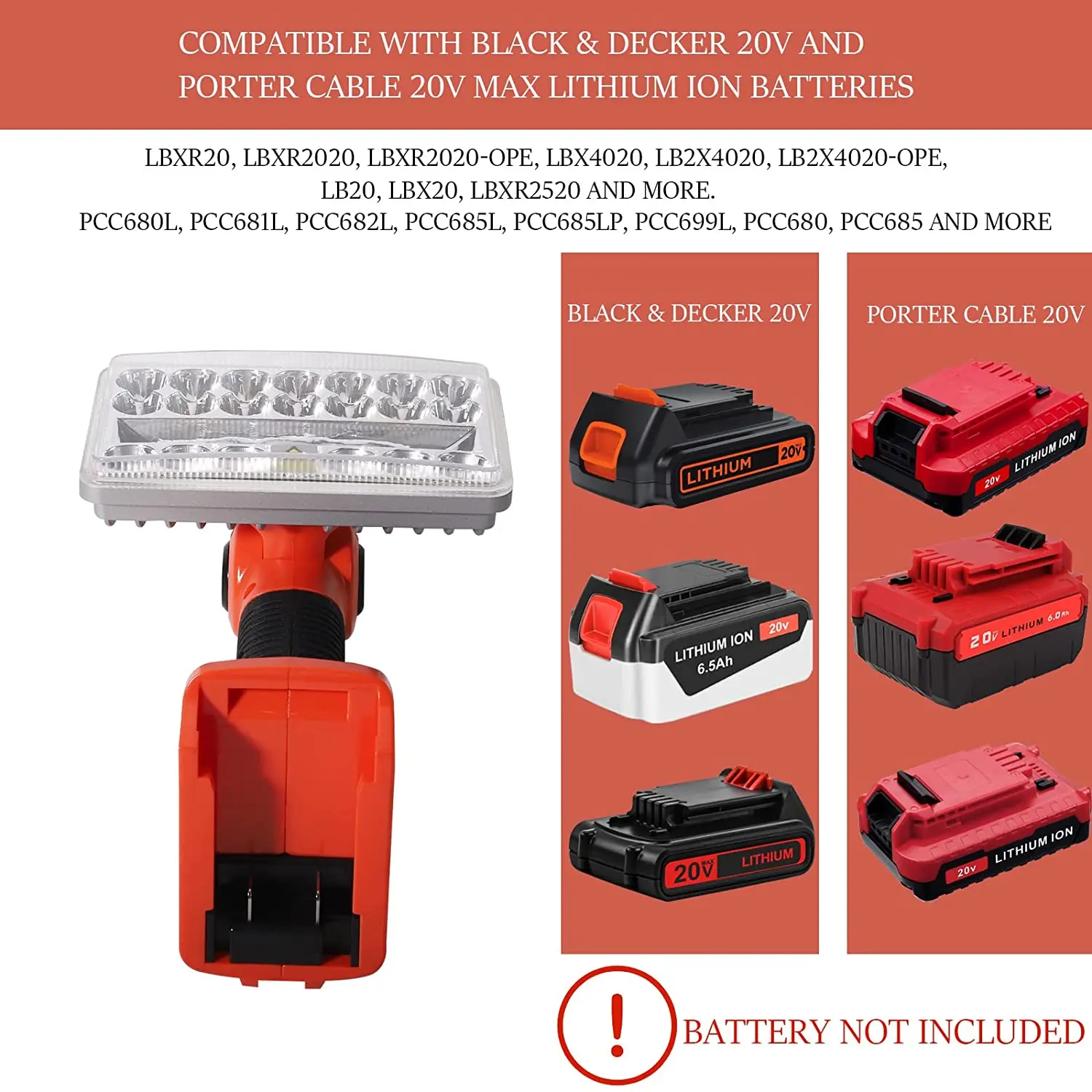 18W 2000LM Cordless LED Work Light for Black and Decker 20V Lithium Battery Spotlight Handheld Flashlight Portable Jobsite Light