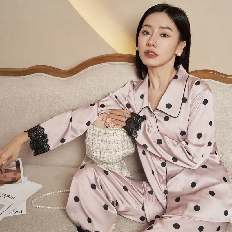 

Spring and Autumn New Ice Silk 2-piece Women's Pajama Fashion Open Front Women's Pajama Sweet Home Clothing Set