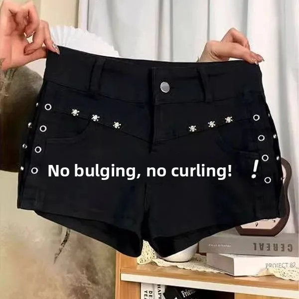 

Black High Waist Rivet Design Denim Shorts Women's Summer Sexy Tight Butt Lifting Hot Pants Straight Leg Cotton Blend