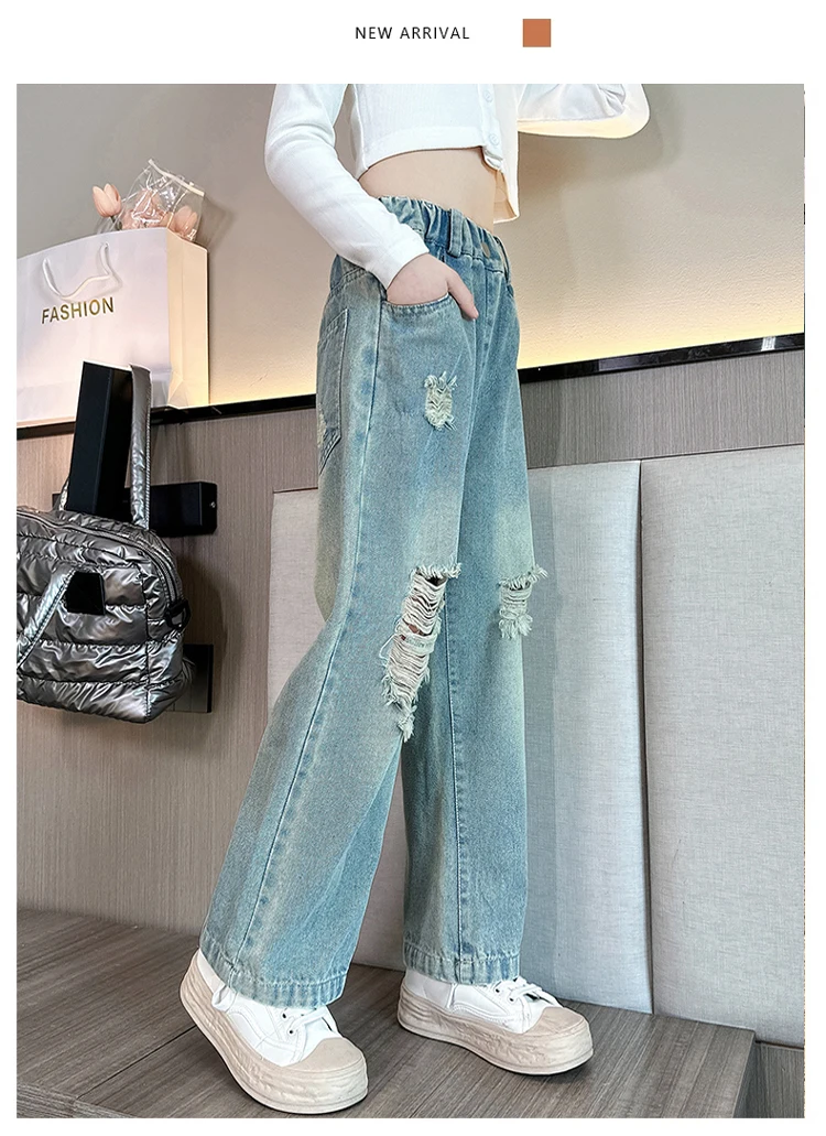 Cowgirl Ripped Jeans mit Löchern für Kinder Mädchen, lässiger Stil, zerrissene Denim-Hosen, Frühling Herbst Kinder High Street Kleidung 5 bis 14 Jahre – Detail 3