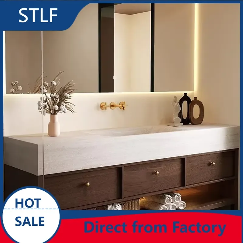 STLF Bathroom Cabinet Combo Mid-Century Style Walnut Color Stone Slab Hot-Bent One-Piece Basin Floor Standing 5 Year Warranty