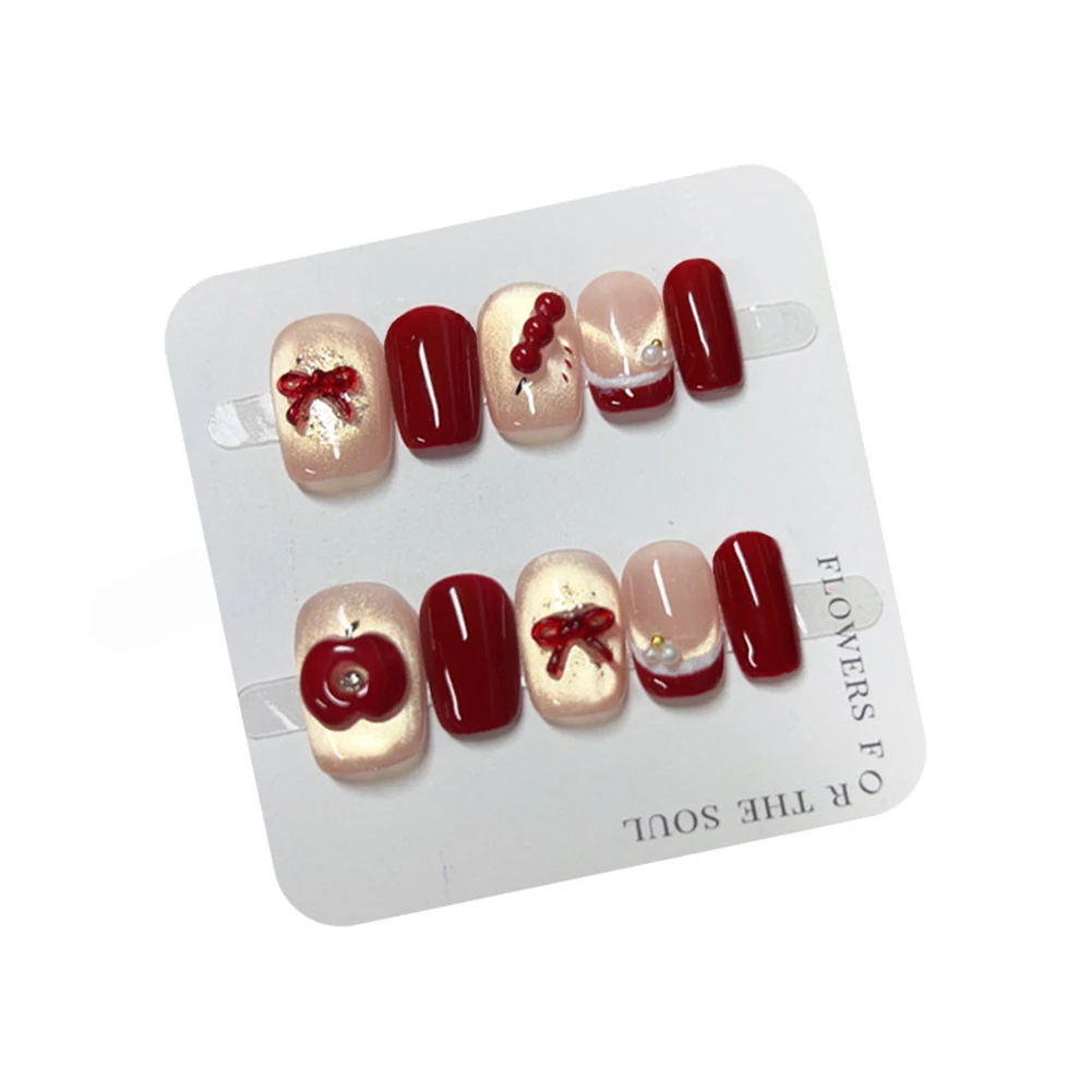 

10Pcs Handmade New Year Press on Nails Cute Red Apple Short Square Fake Nails for Women Girl Wearable Cat Eye False Nails
