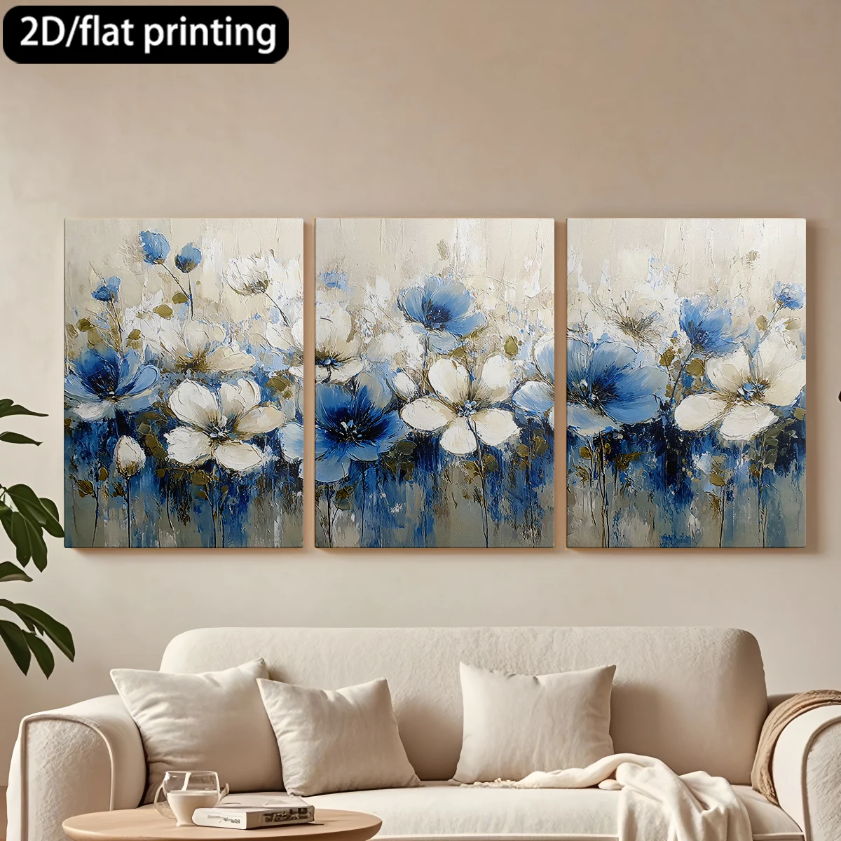 

2D плоская печать, 3-х частная декоративная картина на холсте в деревянной раме, масляная живопись, сине-белые цветы. Декор для коридора и спальни.