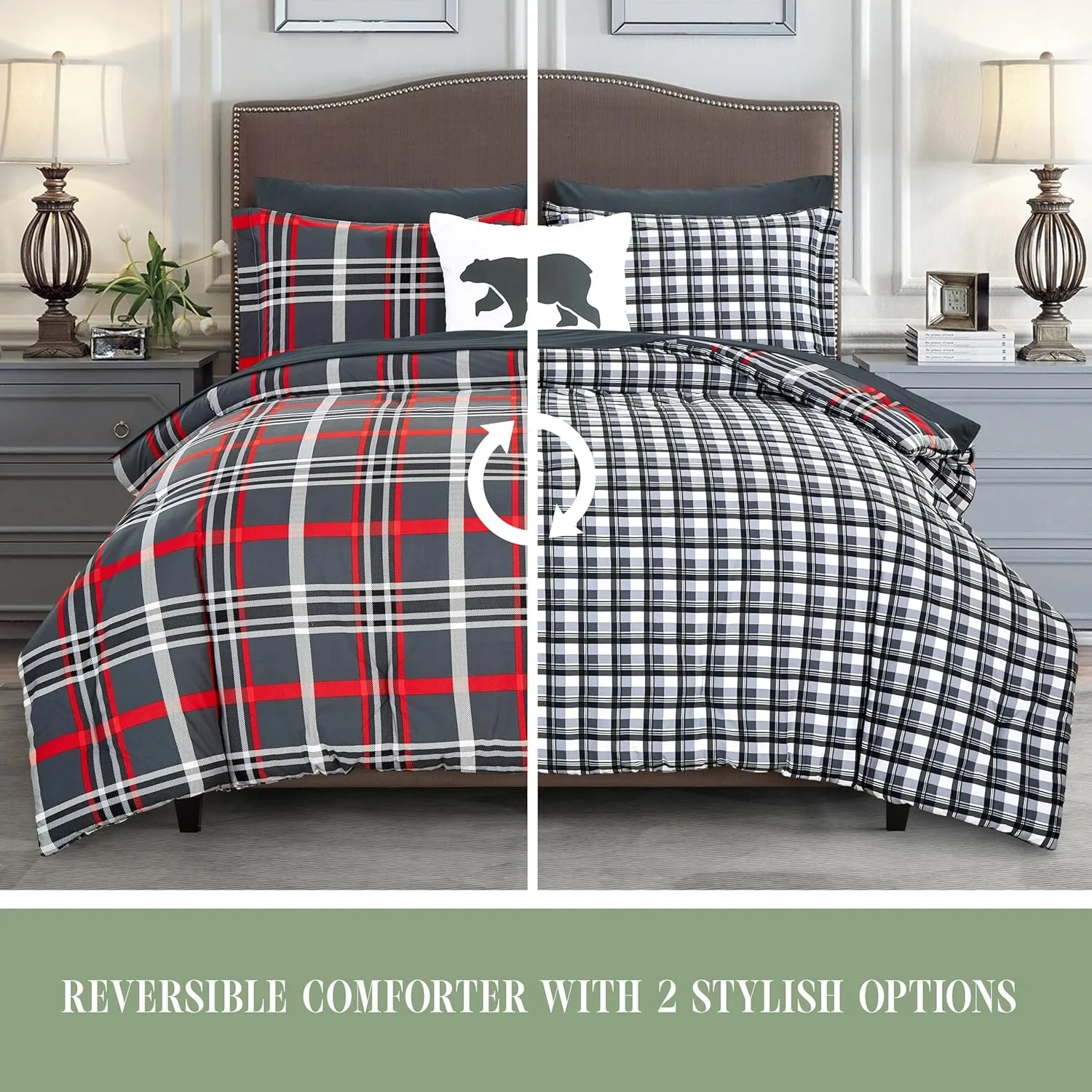 Lodge Plaid Reversible Comforter Set - All Season Bed in a Bag, 4-Piece Sheet Set Featuring Smart Pockets, Matching Shams and D