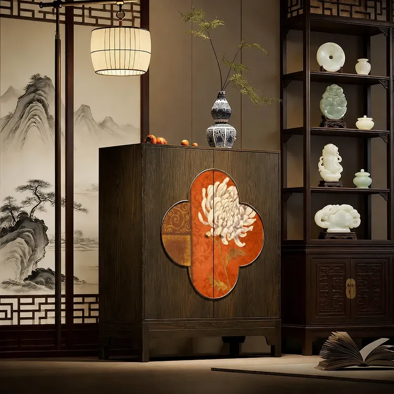 Song Dynasty Style Red Chrysanthemum Solid Wood Bucket Cabinet Living Room Tea Room Storage Chinese Wall Vertical Cabinet
