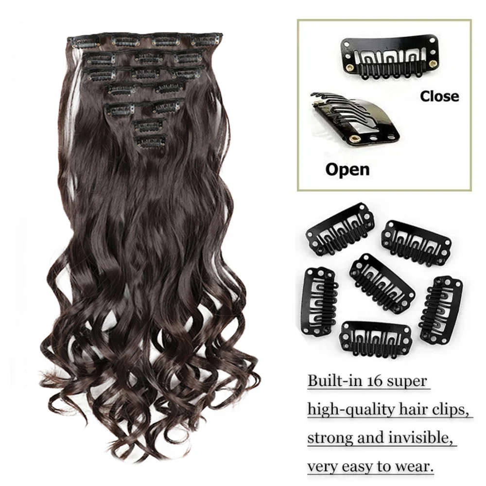 24 inch synthetic black brown hair 16 clip in hair extension clip for women long wavy hair extension clip wig