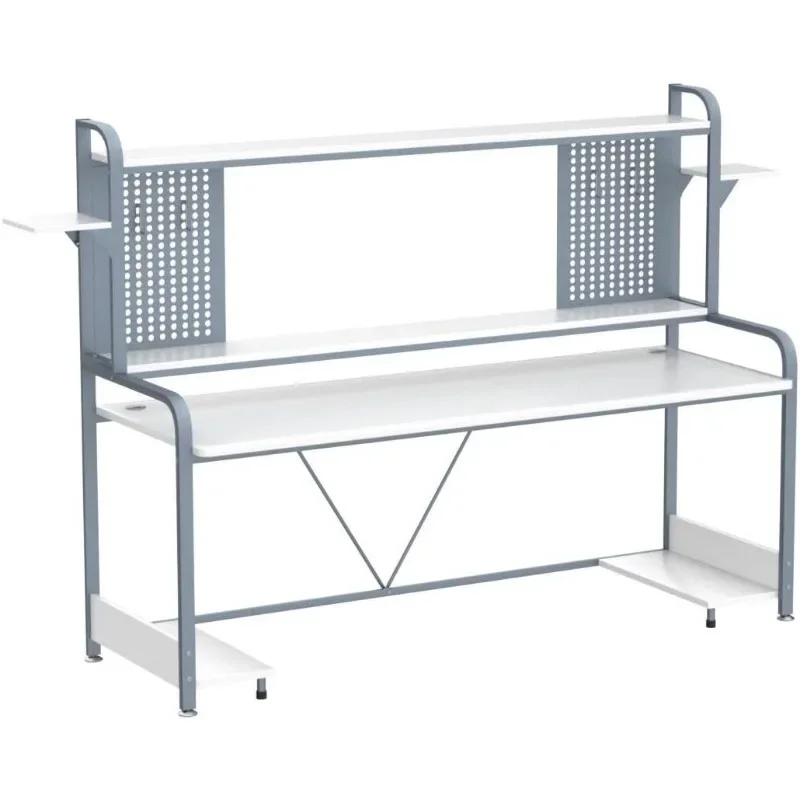 

%a White Gaming Desk, 55" Computer Desk with Hutch and Shelves, Gaming Desk with LED Lights, Pegboard & Monitor Shelf,