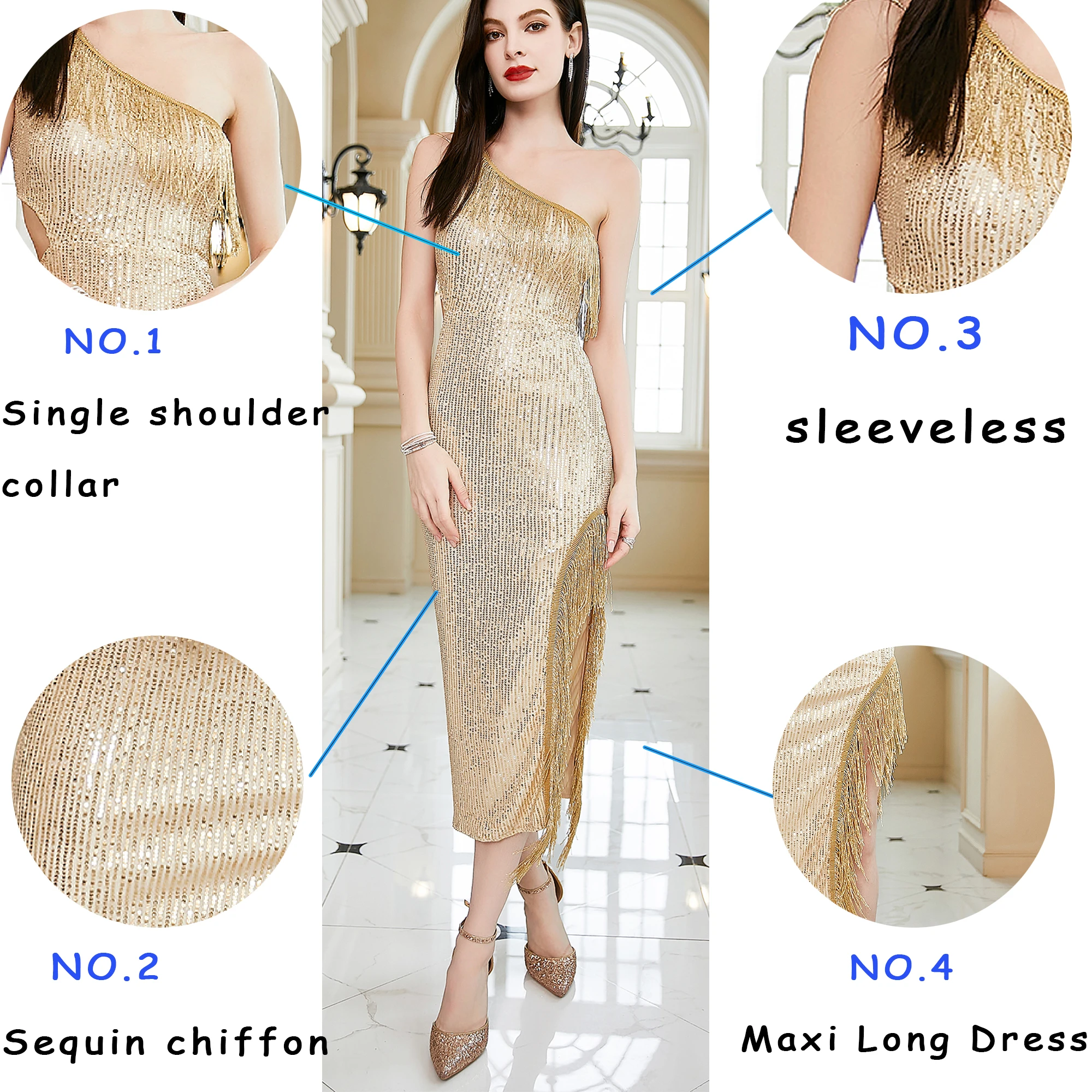 Ladies' slim fit irregular sloping shoulder tassel evening dress with slit gold sequins dance dress 2024