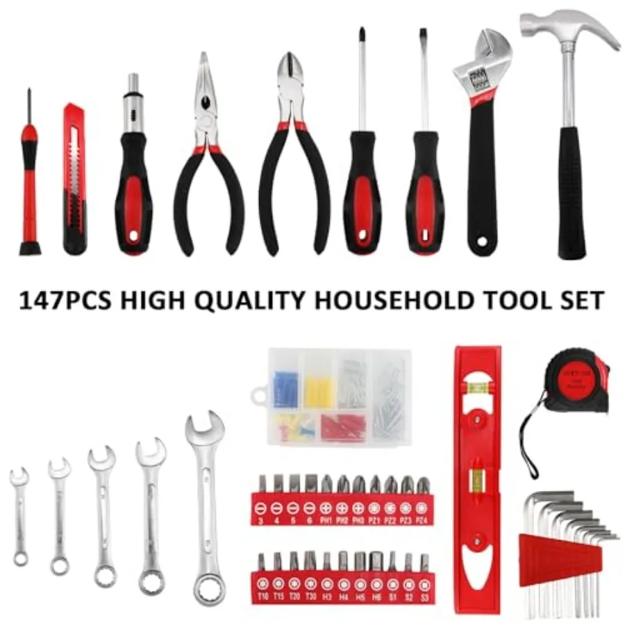 147 Pieces Tool Set for Home Car Dorm Garage Comprehensive Hand Tool Kit with Storage Box Featuring Screwdrivers Adjustable Wre