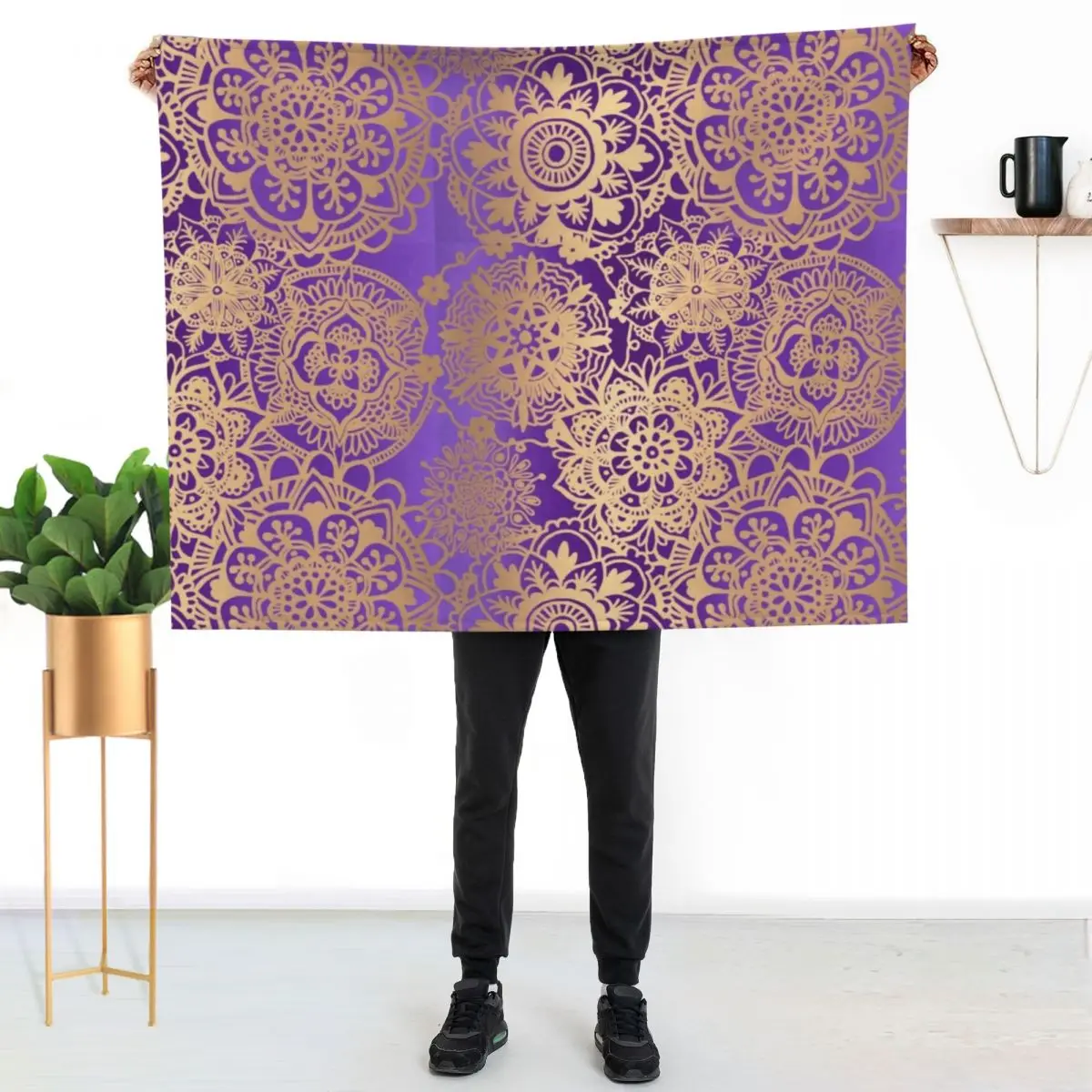 

Purple and Gold Mandala Pattern Throw Blanket Durable Warm Blanket for Daily Home Use