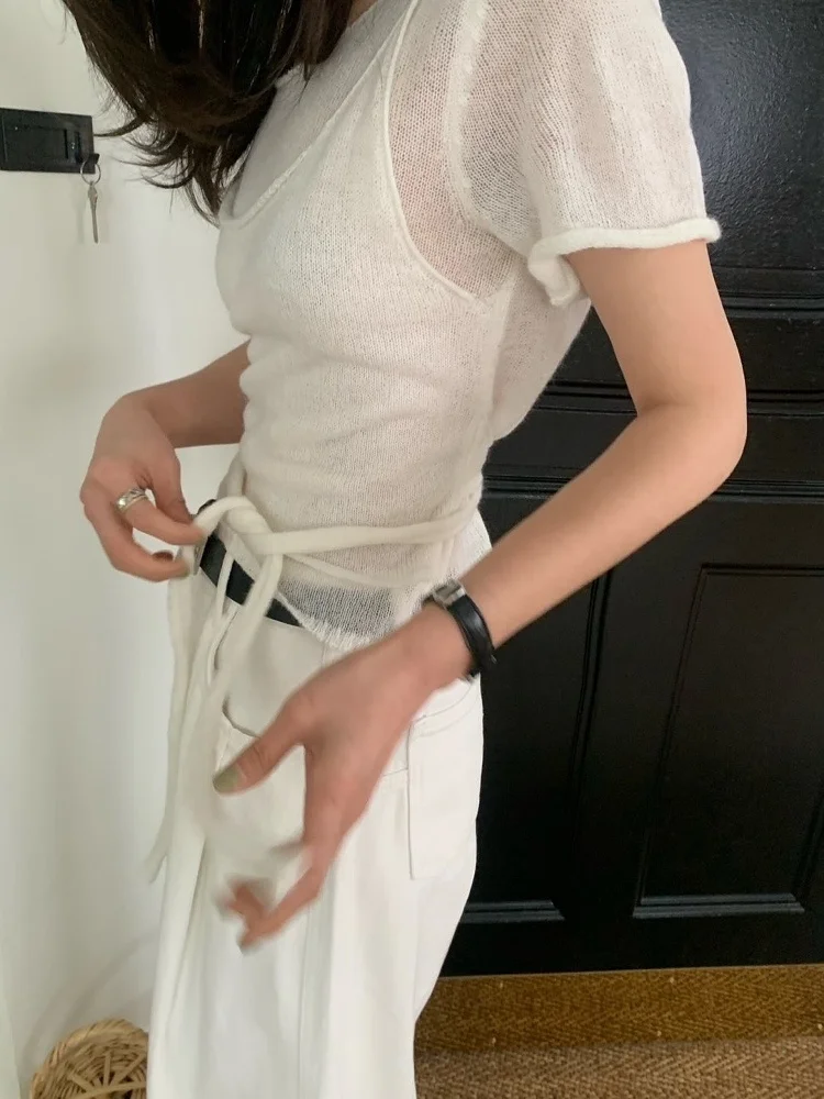 

Корейский Sle Casual ort Sve Трикотажный топ с дизайном завязок Ba Универсальный модный для поездок на работу Тонкий летний стиль