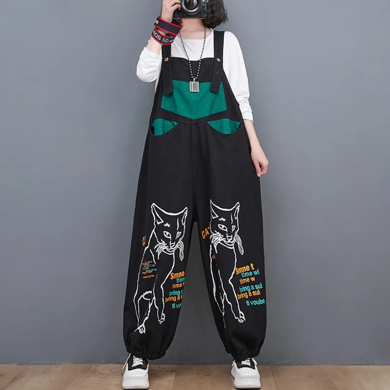 #1424 Black Cartoon Printed Jumpsuits For Women Loose Vintage Streetwear Wide Leg Jumpsuits Ladies Denim Overalls Spliced Color