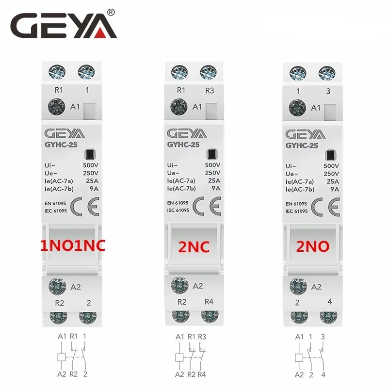 GEYA Din Rail Mounted Household Modular AC Contactor for Smart Home House Hotel AC220V 2P 25A 2NC 2NO 1NO1NC 50/60Hz