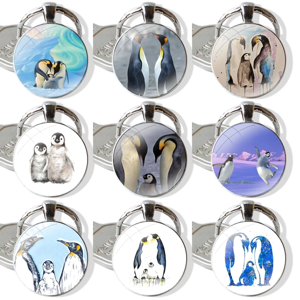 Keychain Handmade Glass Cabochon Key Ring Holder Pendant Key Chains Funny Cute Penguin Family Oil Paintings