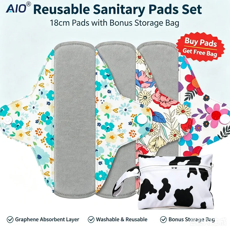 5PCS Reusable Washable Menstrual Pads Graphene Cotton Waterproof Leakproof Sanitary Pads For Women Postpartum Free Storage Bag