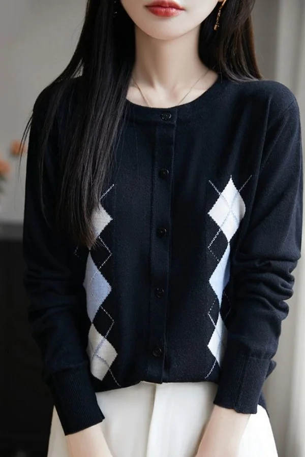 

2025 Sweater Jacket New Thin Style Fashion Worsted Long Sleeve Retro Diamond Jacquard Knit Cardigan Top