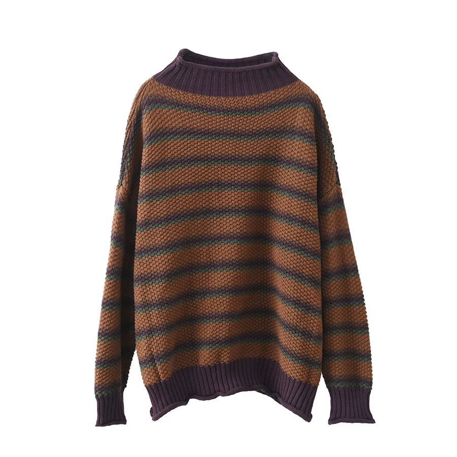 Vintage Fashion Striped Patchwork Women Sweater Autumn Winter Literary Half High Collar Casual Elegant Simple Versatile Pullover