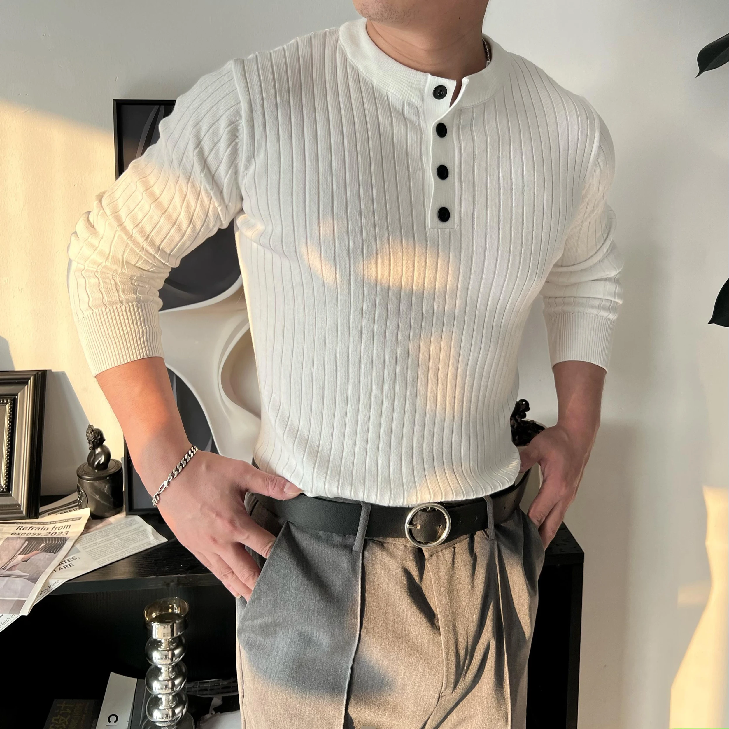 

Мужской вязаный свитер American Sle Long Sve Fitn Muscle irt, осенний эластичный повседневный универсальный облегающий топ