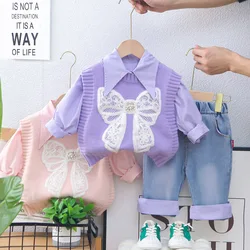 2025 Spring New Girls Clothing Set 1-5Y Girls Suit Solid Shirt Matched Bow Knit Vest And Blue Jeans 3 PCs Girls Suit