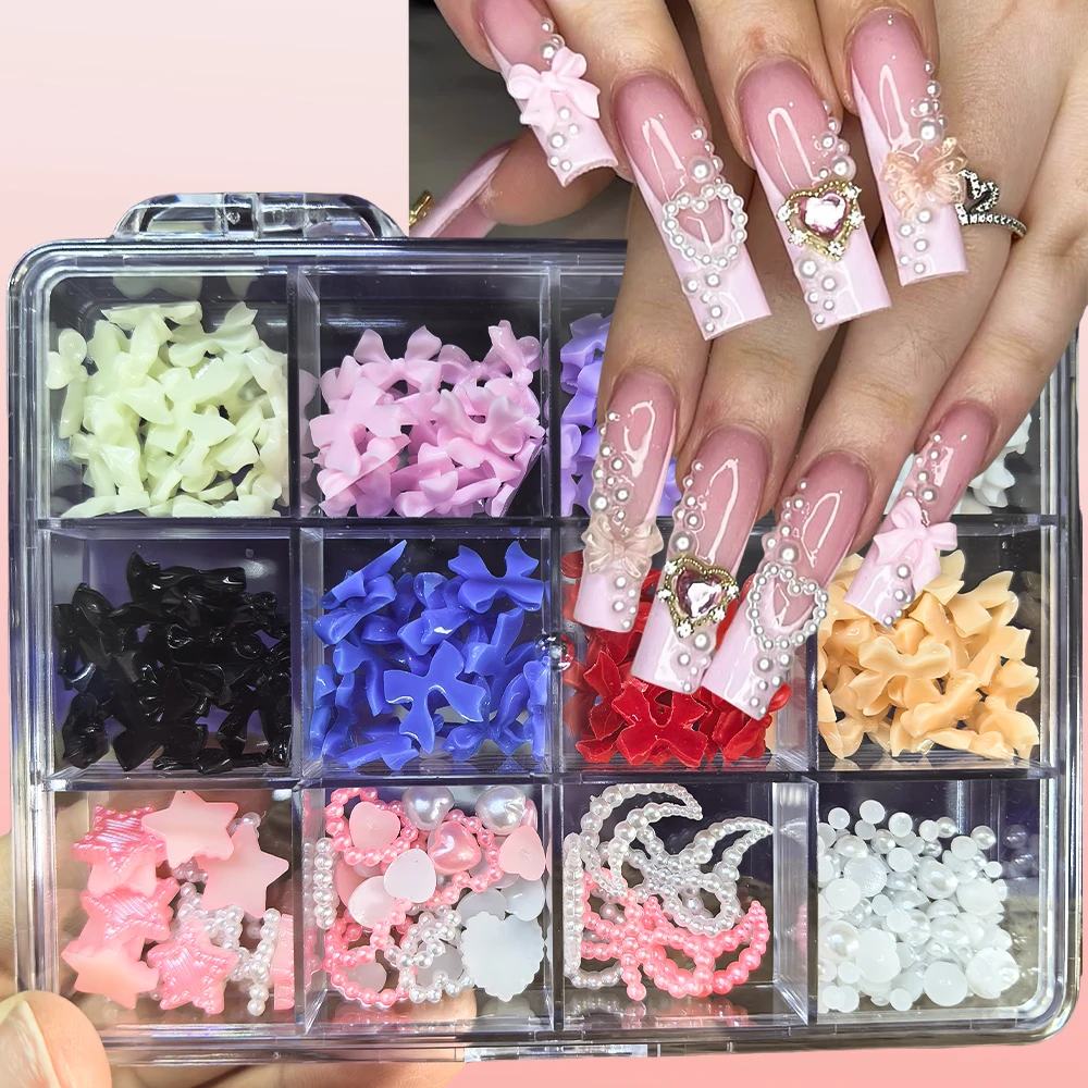 12Grids/Box Bows Ribbon Nail Art Decorations +Tools 12 Styles Mixed Bowknot Nail Charms Love Moon Pearls Rhinestones Accessories