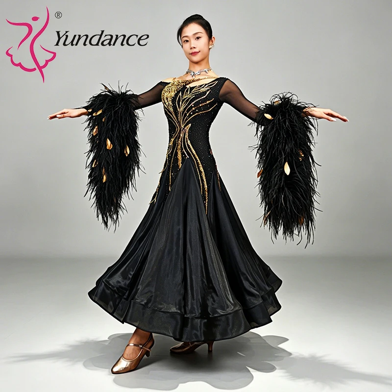 B-25166 Ballroom Dance Competition Dance Dress for Girls Lyrical Dance Costumes Black Satin Chiffon Stage Performance Wear
