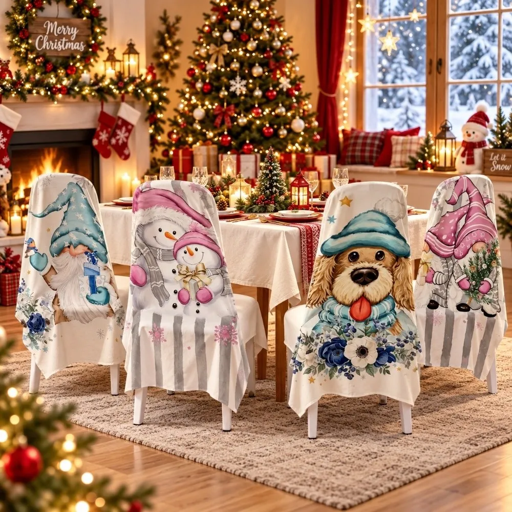 4 pcs Snowman Christmas Chair Cover Dwarf Dustproof Chair Protective Sleeves 2D Print Santa Chair Dust Cover