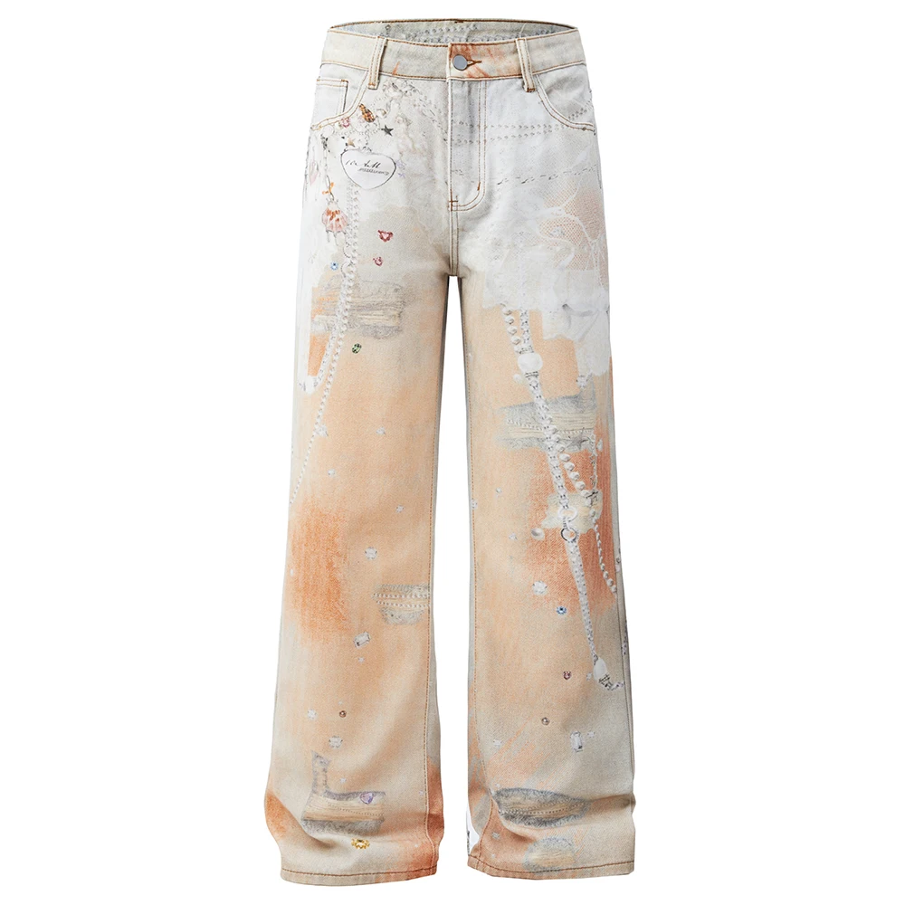 Men's Baggy Denim Jeans Fashion Gem Digital Print Stacked Pants Casual Streetwear Loose Fit Wide Leg Trousers