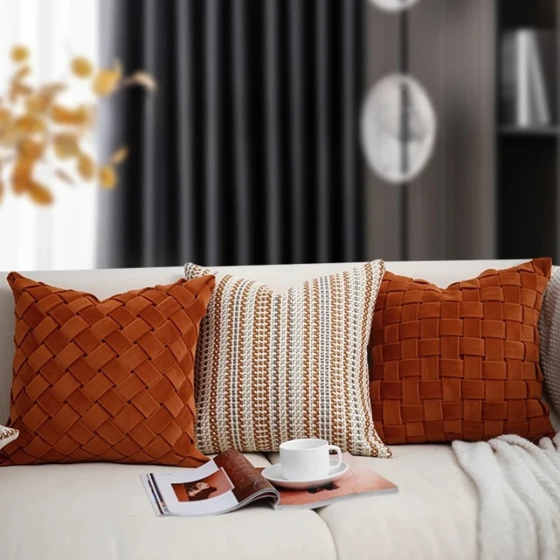 Luxury Orange Hand Woven Cushion Cover Thick Dutch Velvet Geometric Striped Plaid Woven Pillow Cases Patchwork Throw Pillowslip