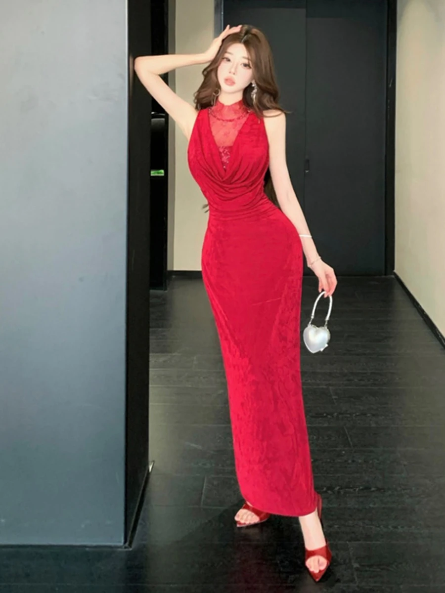 

Elegant Lace Mesh Splice Sleeveless Long Dress Sexy Trendy Waist Shaping Bodycon Midi Dress Pure Desire Summer Fashion