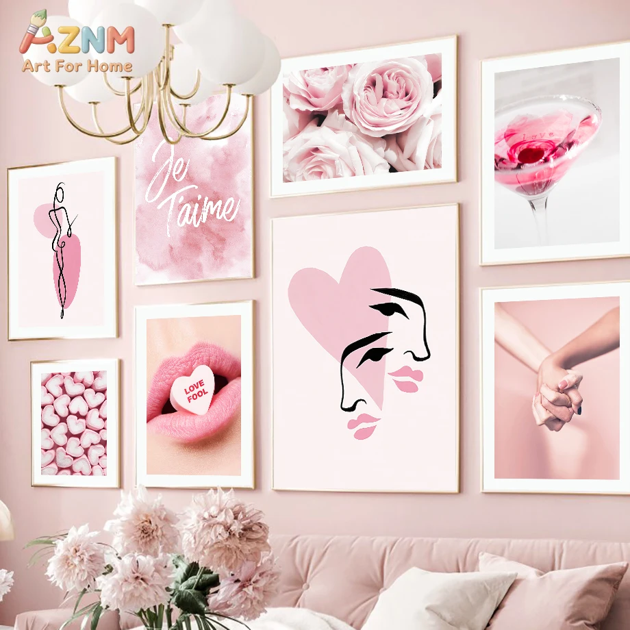 AZNM Pink Aesthetic Love Valentine Canvas Wall Art Rose Flower Heart Lips Minimalist Line Art Unframed Poster For Girl Bedroom H