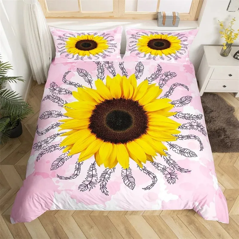 Sunflower Duvet Cover 3D Print Blossom Flowers Bedding Set Microfiber Pastoral Comforter Cover Full Queen For Kids Adults Decor