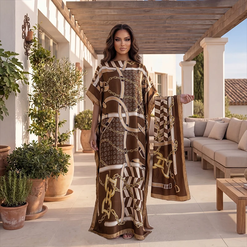 New Style Printed Silk Abaya Dress With Matching Scarf - Dubai Style Elegant Loose Maxi Kaftan For African Muslim Women