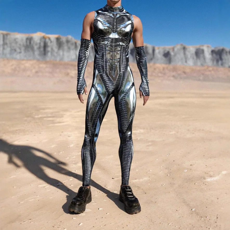 Cosplay Men Steampunk Jumpsuit Cyberpunk Muscle Armor Bodysuit Halloween Carnival Party Zentai Aerial Technology Gloves Suit