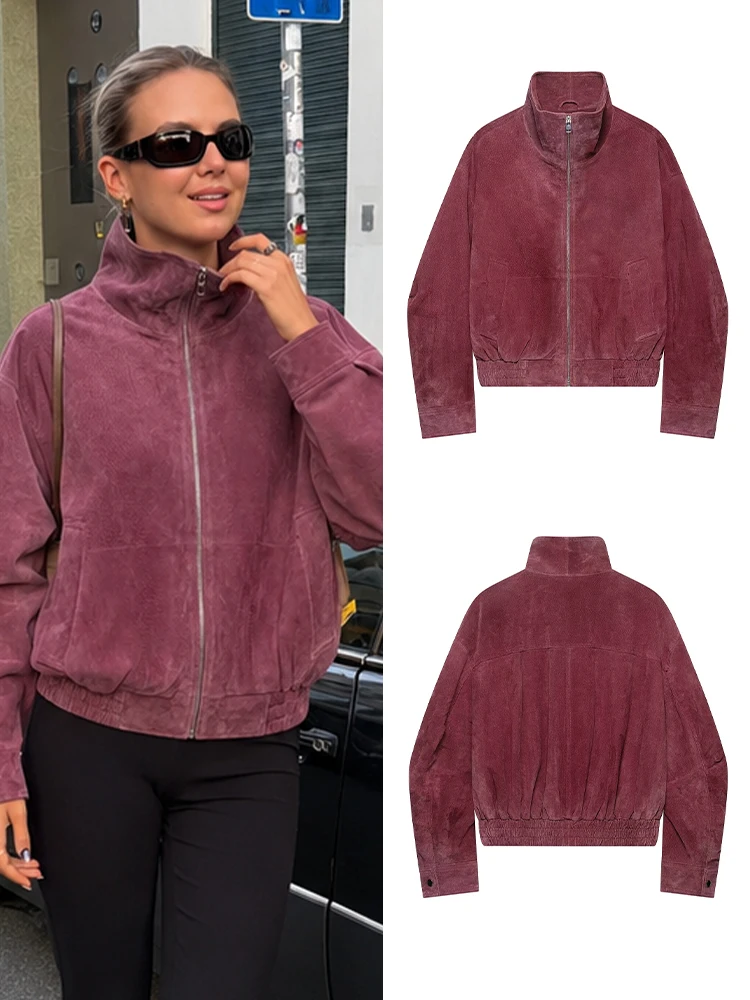 HH Damen Mode Matt-Finish Bomberjacke Wildleder Burgunderrot Hoher Kragen Locker Sitzende Oberbekleidung Frühling Herbst Damen Pendlerjacke