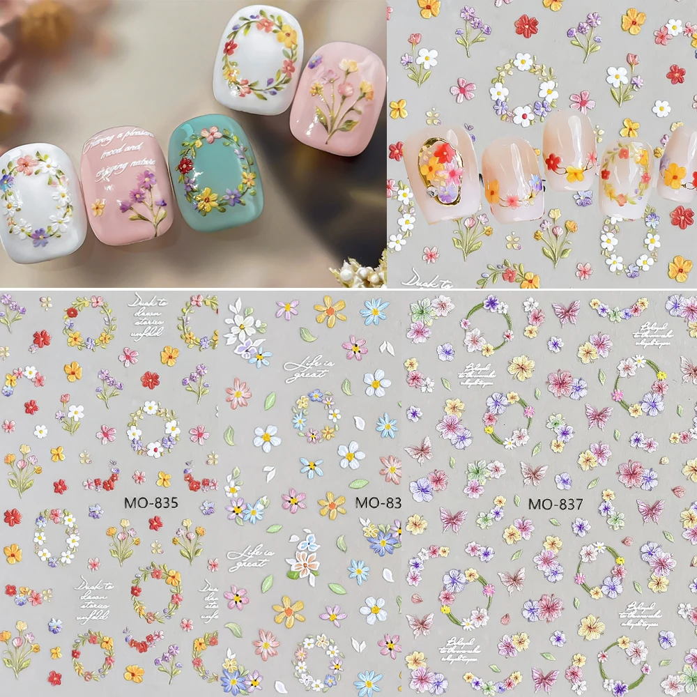 3pcs Dried Flowers 3D Nail Art Stickers Adhesive Sliders Colorful Flowers Leaves Nail Decals DIY Manicure Nail Decorations