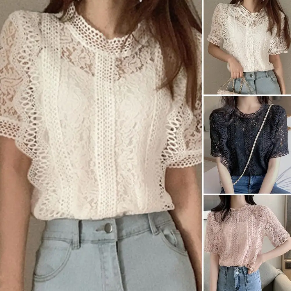 O-neck Short Sleeve Summer Blouse Fabric Anti-Pilling Chic Top Loose Casual Lace Hollow Out Elegant Shirt Workwear Ulzzang Ins