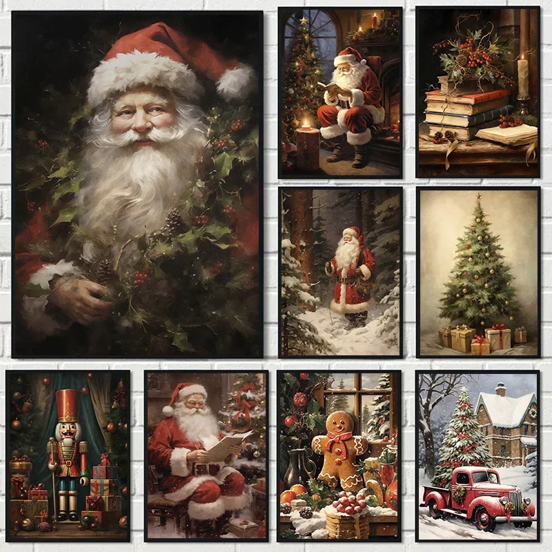 خمر سانتا كلوز صورة قماش اللوحة الهدال قراءة خطابات اللعب الكوكيز عيد الميلاد جدار ديكور ديكور المنزل المشارك Pr