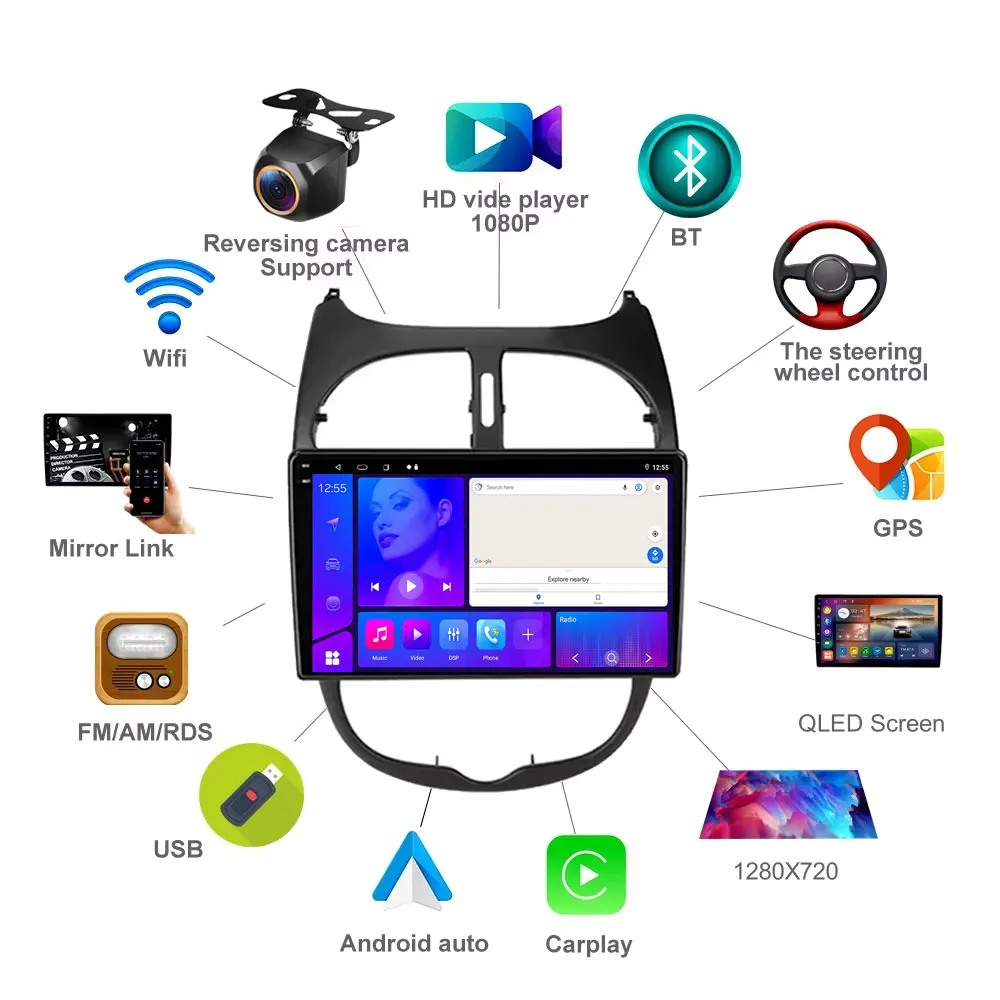 Android Radio Car For PEUGEOT 206 206CC 206SW 2001 - 2016 Multimedia Automotiva Apple Carplay Accessories Pantalla Coche Camera