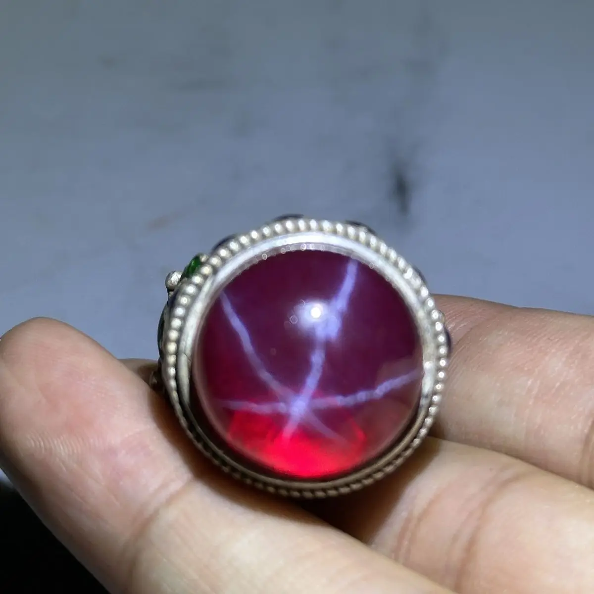 

Starlight Ruby Old Silver Jewelry Natural Men's Round Ring Opening Silver Ring Roasted Blue Inlaid Opening