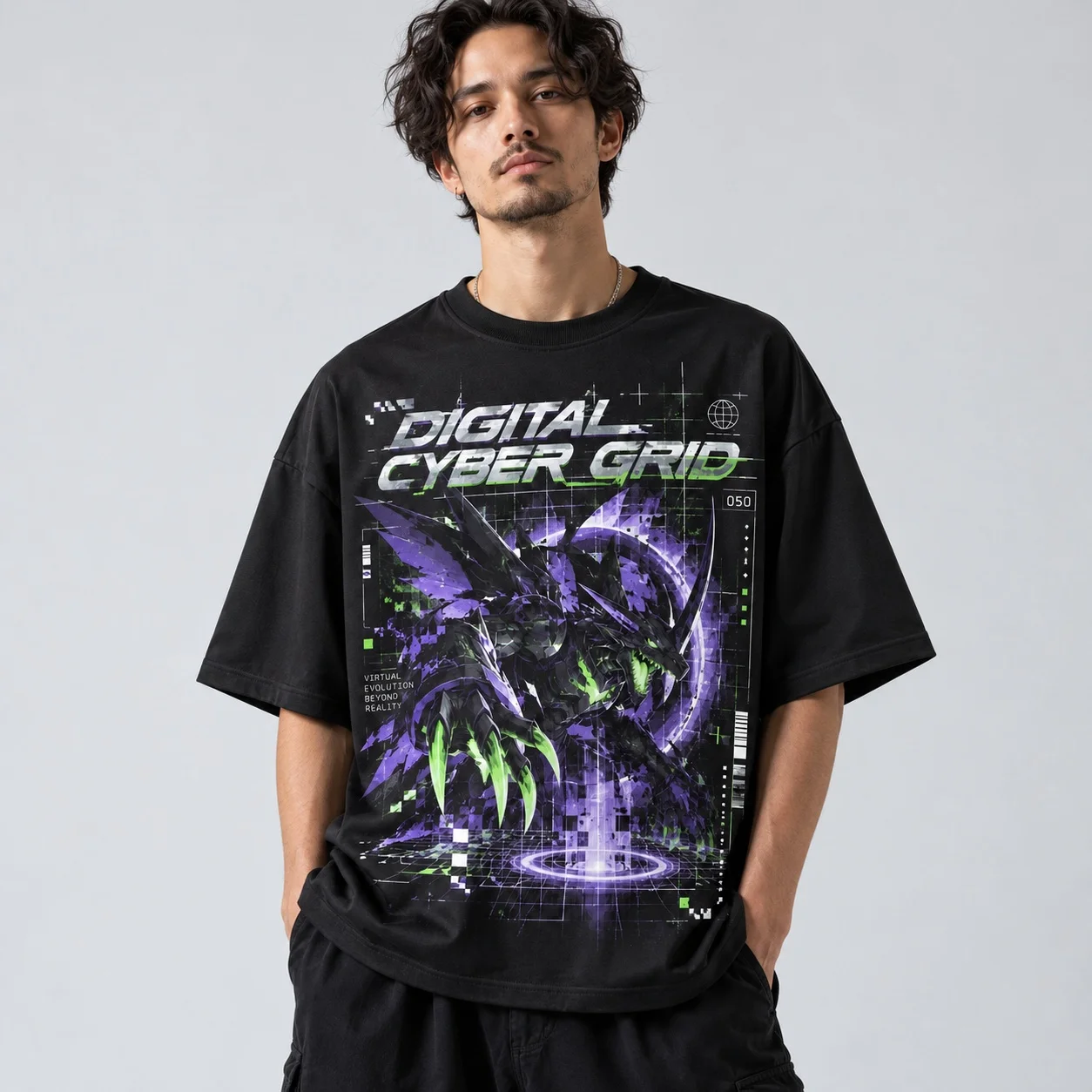 Digimon Mens Graphic T Shirt Digital Cyber Grid Monster Print Black Short Sleeve Anime Cyberpunk Streetwear
