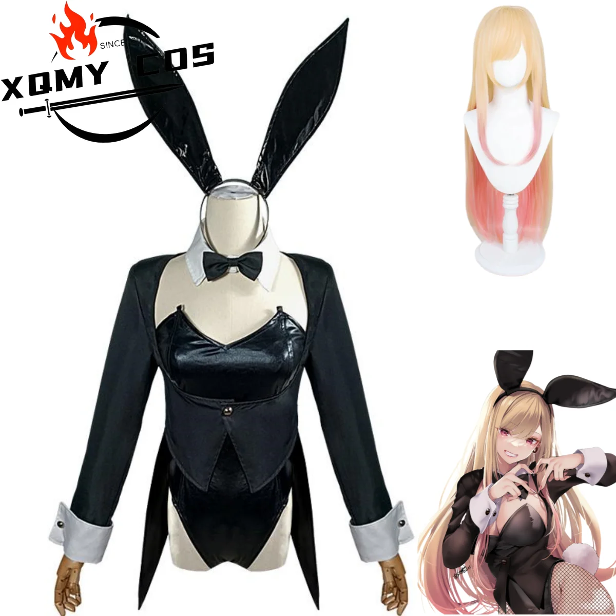 

XQAnime My Dress-Up Darling Kitagawa Marin Косплей Костюм Cos Имя Банни Девушка Черные Комбинезоны Пальто Парик Женский Сексуальный Карнавальный Костюм