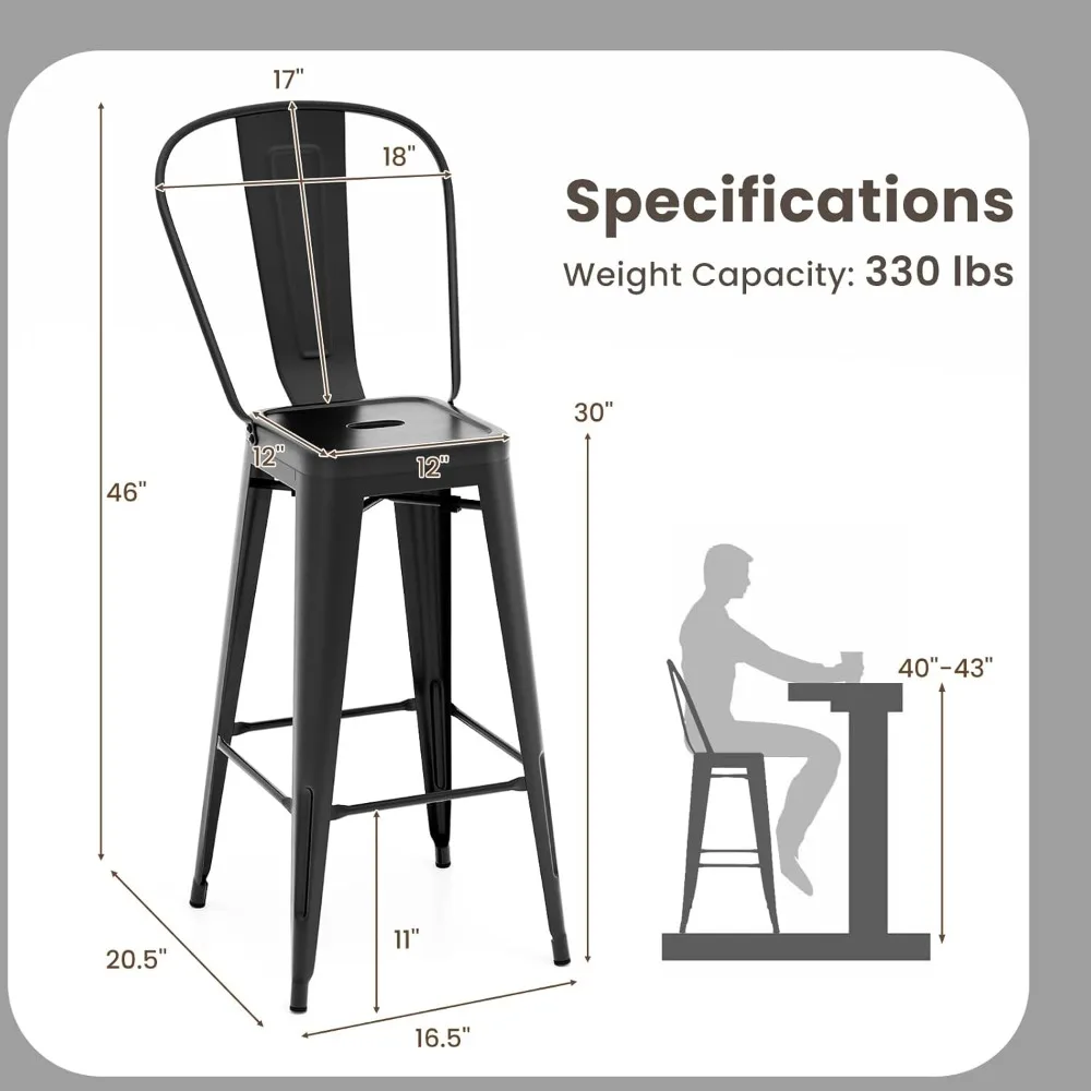 Ensemble de 4 tabourets de bar en métal, avec dossier amovible, tabourets de bar à hauteur avec pieds en caoutchouc, chaises élégantes et modernes, pour la cuisine.