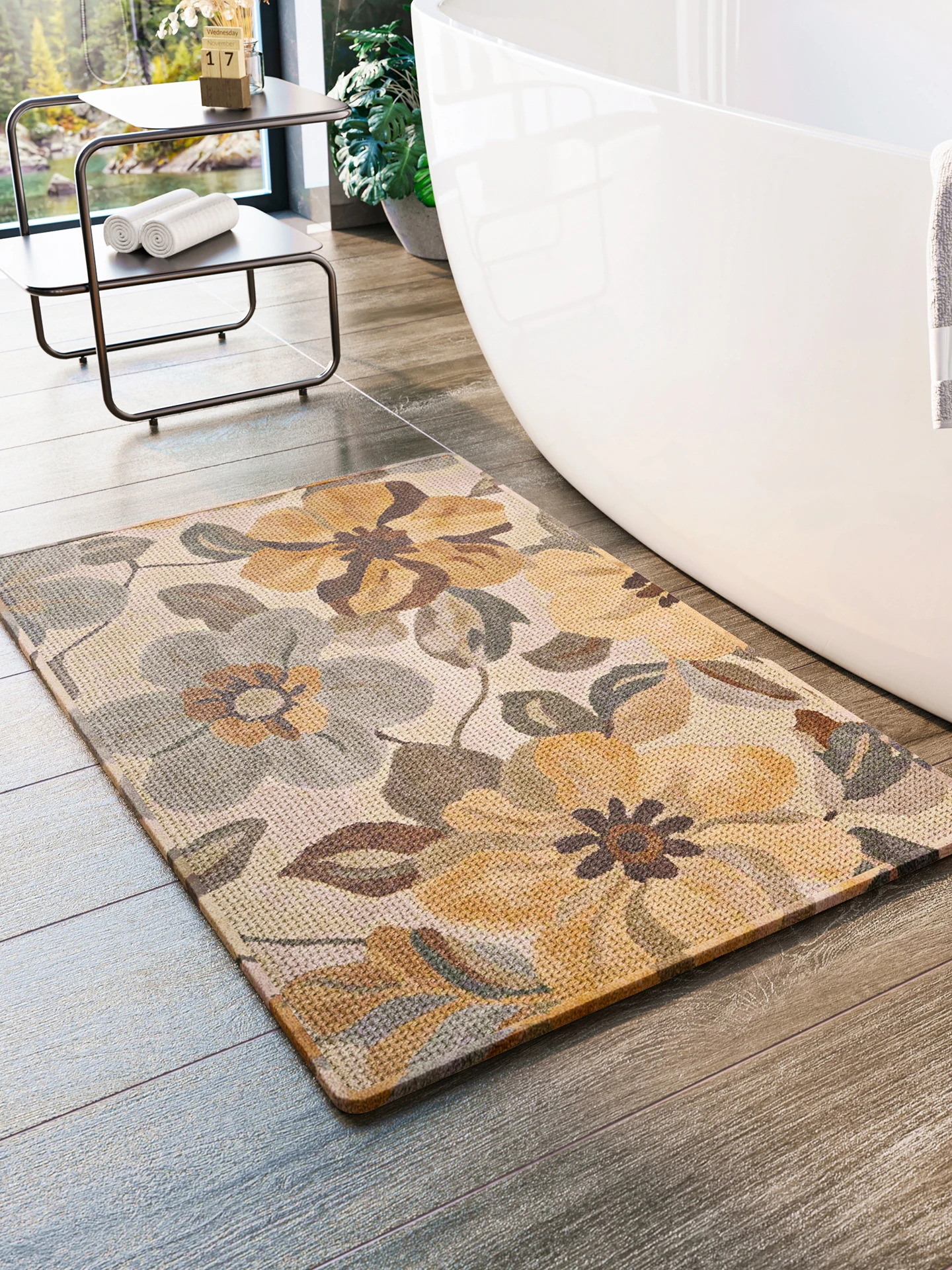 

High-End Linen Woven Absorbent Bathroom Mat Anti-Slip Foot Mat for Toilet And Washroom Thick Rectangular Shape Floral Pattern