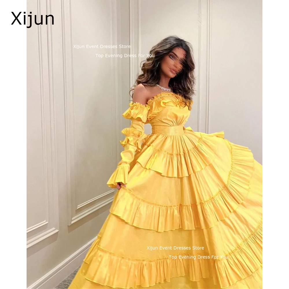 

Xijun Golden Satin Long Evening Dresses A-line Saudi Arabric Prom Dresses Pleat Ruched Dubai Prom Gowns Floor Length Party Dress