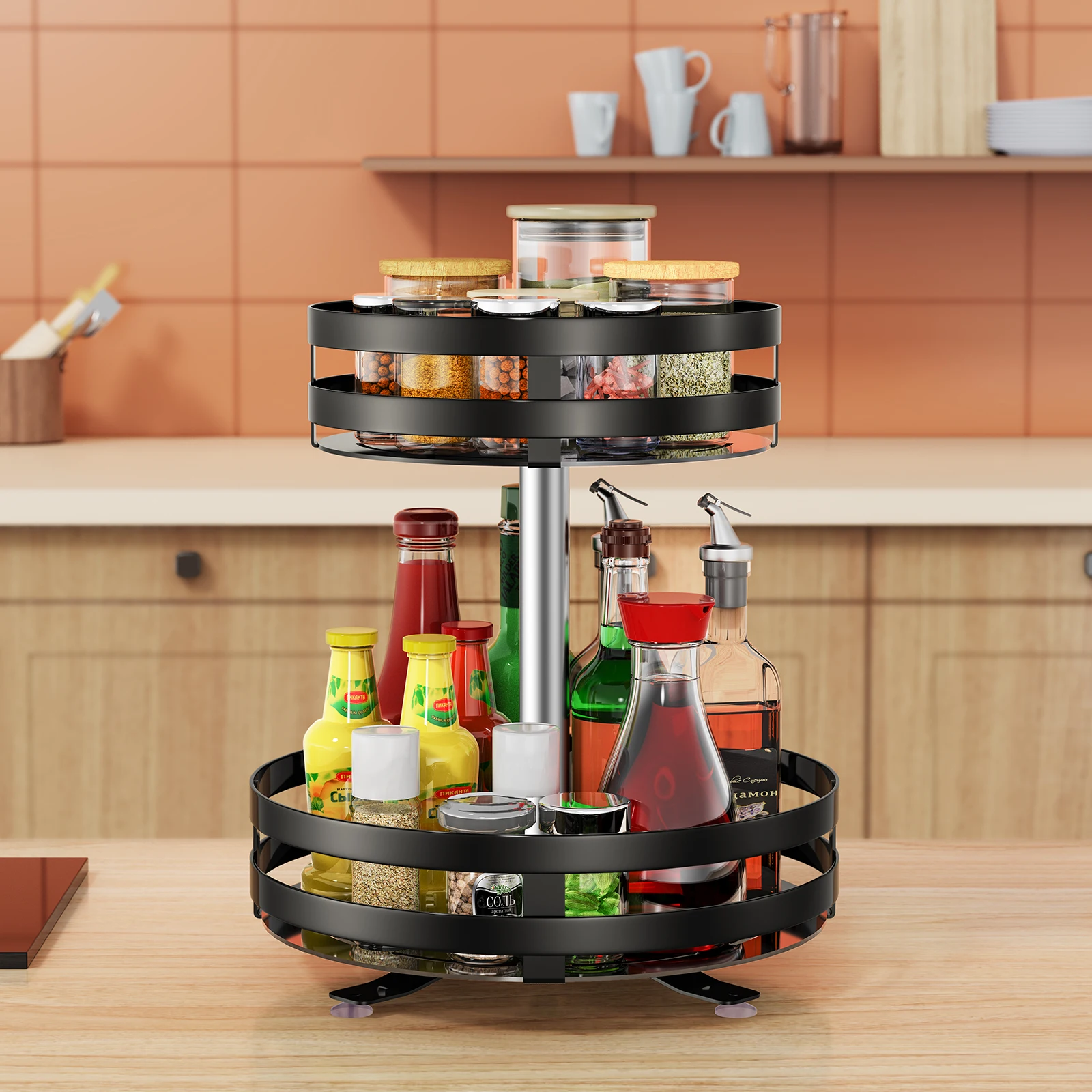 

Eary 360 Rotating Organizer Kitchen Accessories Storage Tray Condiment Rack Spice Oil Pantry Turntable 2 Tier Round Shelf