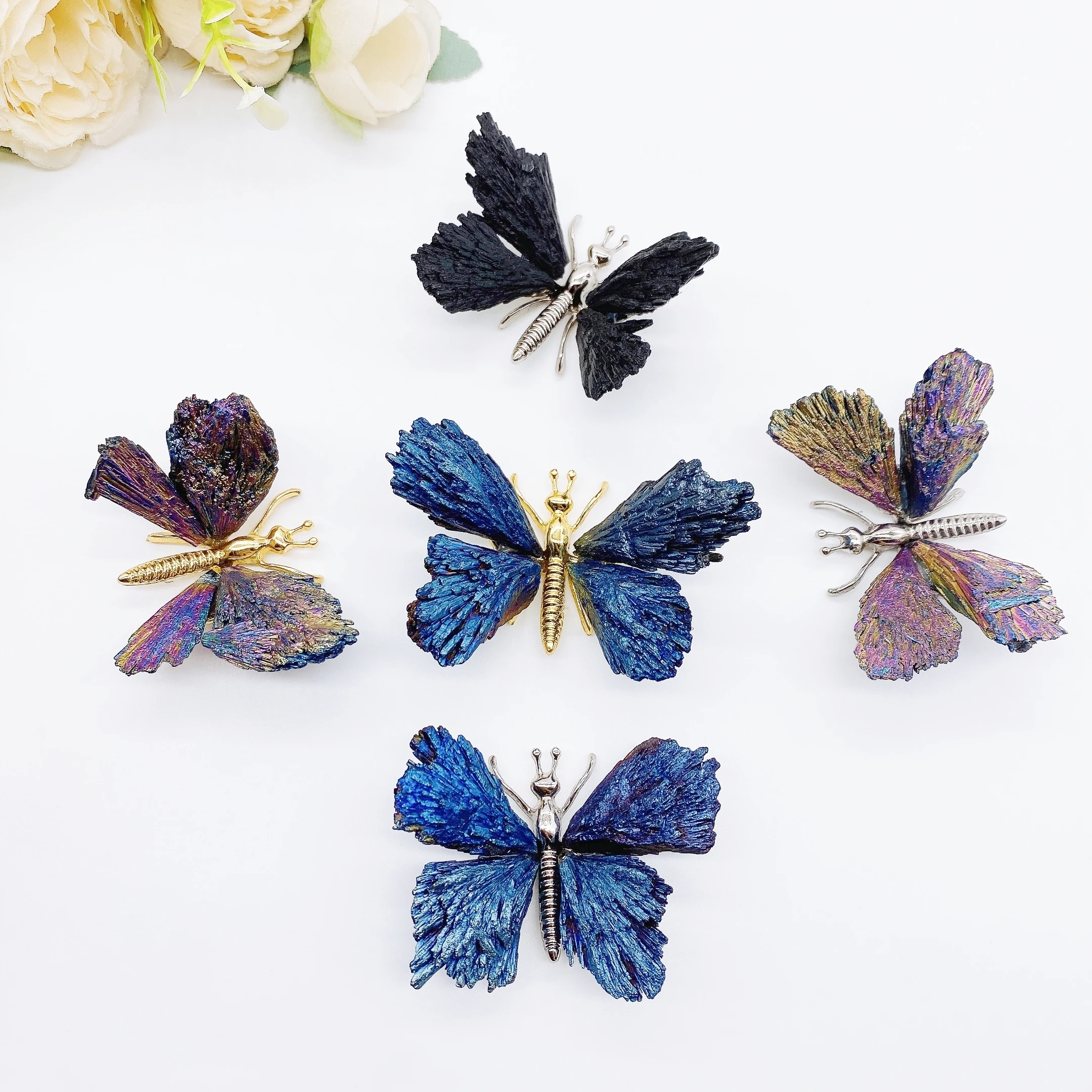 1PC Natural Colorful Tourmaline Electroplanted Butterfly spar DIY crafts Handmade Reiki Healing Home Decoration Chakra Gift