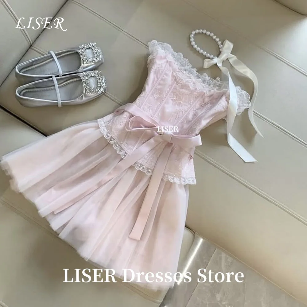

Liser Strapless Mini Pink A-Line Evening Dresses Silk Satin Elegant Short Prom Dresses Customized 저녁 드레스 Formal Party Dress